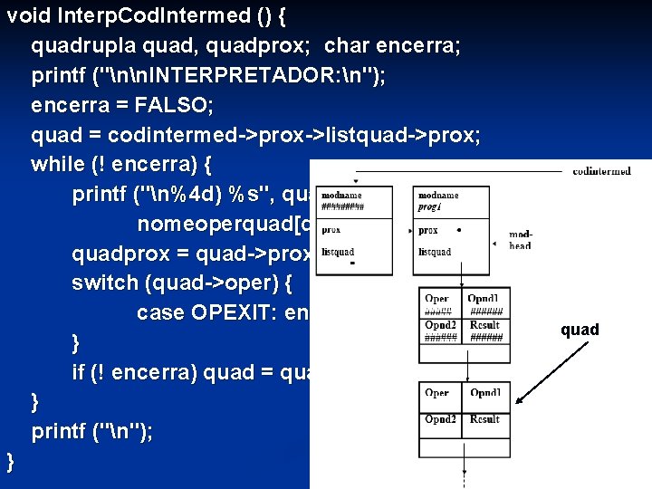 void Interp. Cod. Intermed () { quadrupla quad, quadprox; char encerra; printf ("nn. INTERPRETADOR: