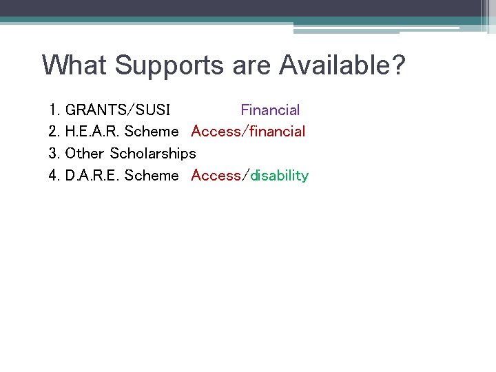 What Supports are Available? 1. 2. 3. 4. GRANTS/SUSI Financial H. E. A. R.