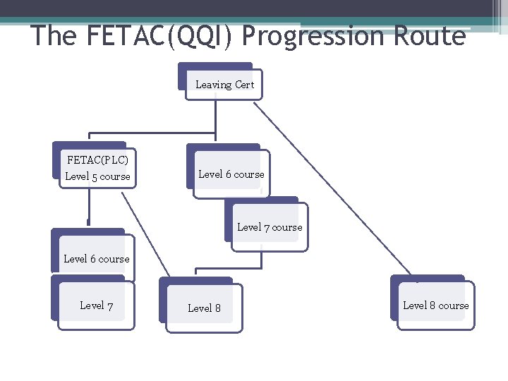 The FETAC(QQI) Progression Route Leaving Cert FETAC(PLC) Level 5 course Level 6 course Level