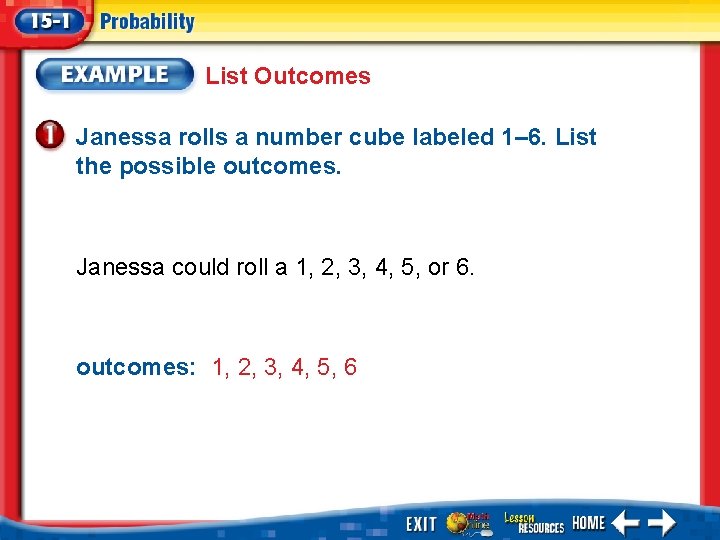 List Outcomes Janessa rolls a number cube labeled 1– 6. List the possible outcomes.
