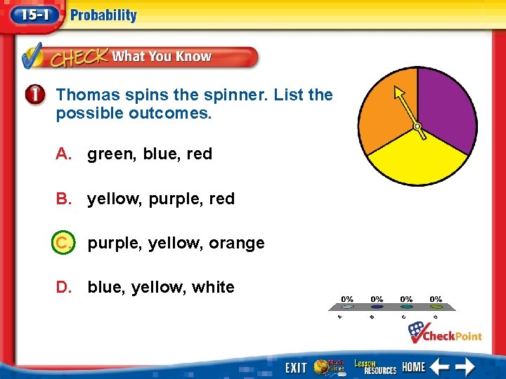 Thomas spins the spinner. List the possible outcomes. A. green, blue, red B. yellow,