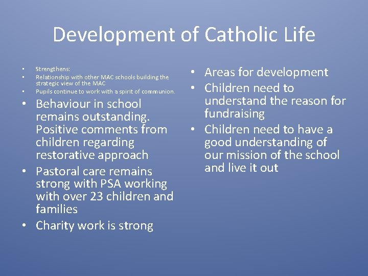 Development of Catholic Life • • • Strengthens: Relationship with other MAC schools building