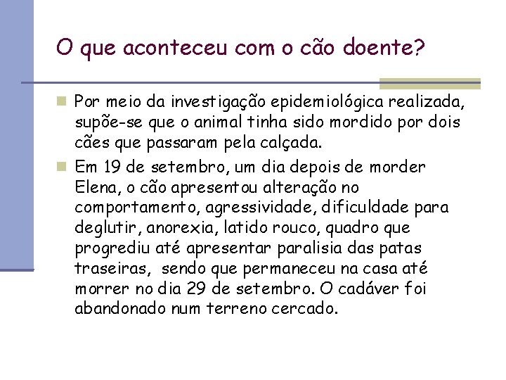 O que aconteceu com o cão doente? Por meio da investigação epidemiológica realizada, supõe-se
