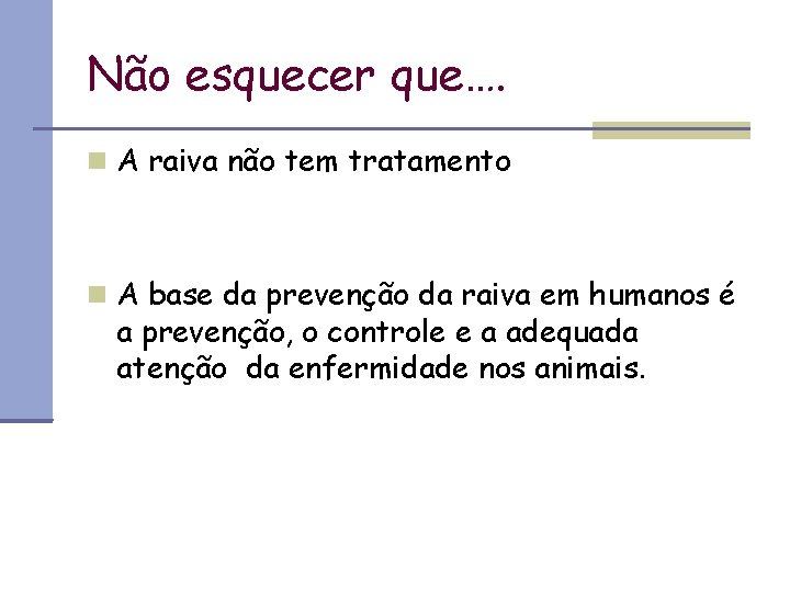 Não esquecer que…. A raiva não tem tratamento A base da prevenção da raiva