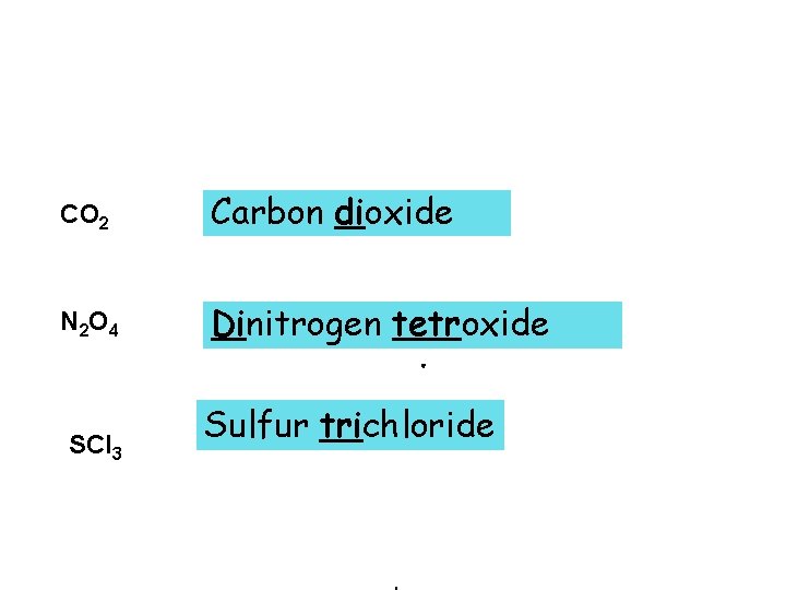 CO 2 Carbon dioxide N 2 O 4 Dinitrogen tetroxide SCl 3 Sulfur trichloride