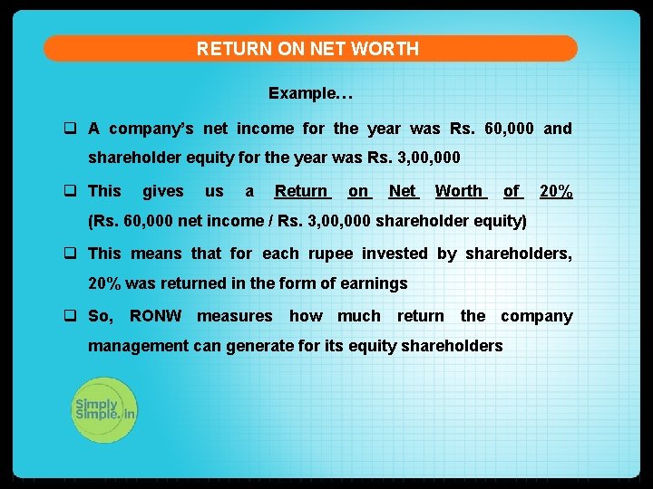 RETURN ON NET WORTH Example… q A company’s net income for the year was