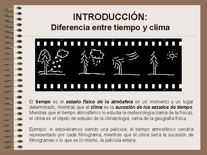 INTRODUCCIÓN: Diferencia entre tiempo y clima El tiempo es el estado físico de la