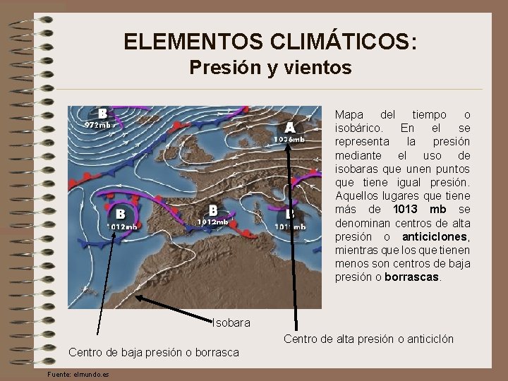 ELEMENTOS CLIMÁTICOS: Presión y vientos Mapa del tiempo o isobárico. En el se representa