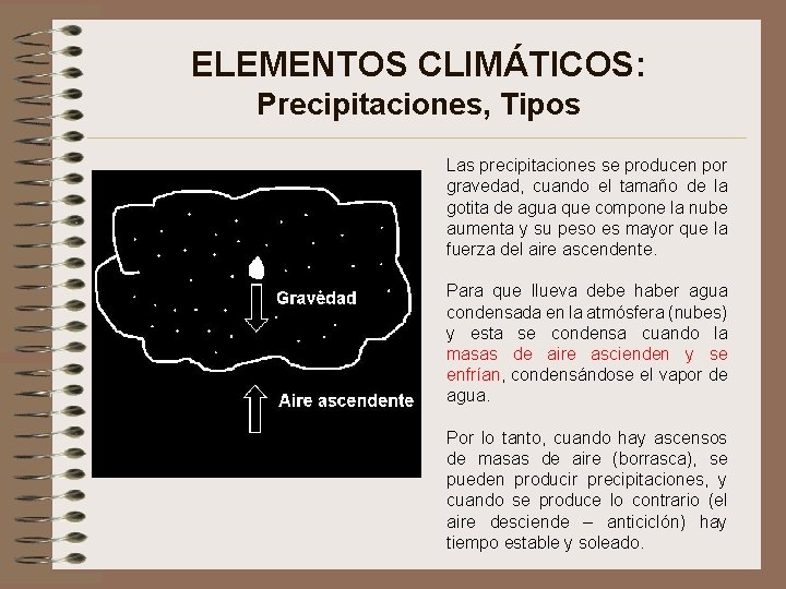 ELEMENTOS CLIMÁTICOS: Precipitaciones, Tipos Las precipitaciones se producen por gravedad, cuando el tamaño de