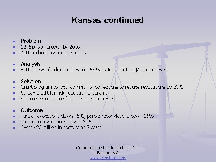 Kansas continued n n n n Problem 22% prison growth by 2016 $500 million