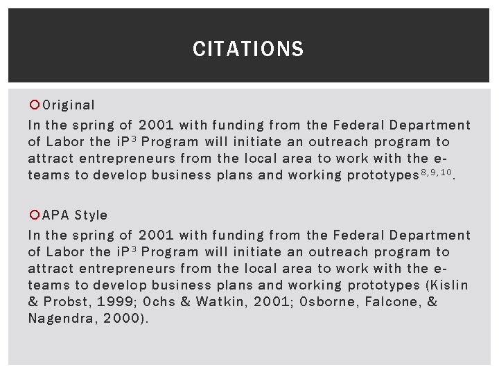 CITATIONS Original In the spring of 2001 with funding from the Federal Department of