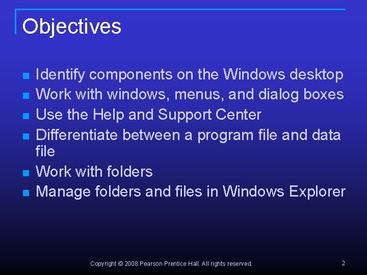 Objectives n n n Identify components on the Windows desktop Work with windows, menus,