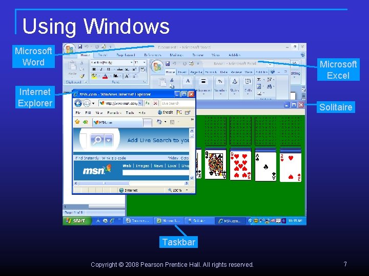 Using Windows Microsoft Word Microsoft Excel Internet Explorer Solitaire Taskbar Copyright © 2008 Pearson