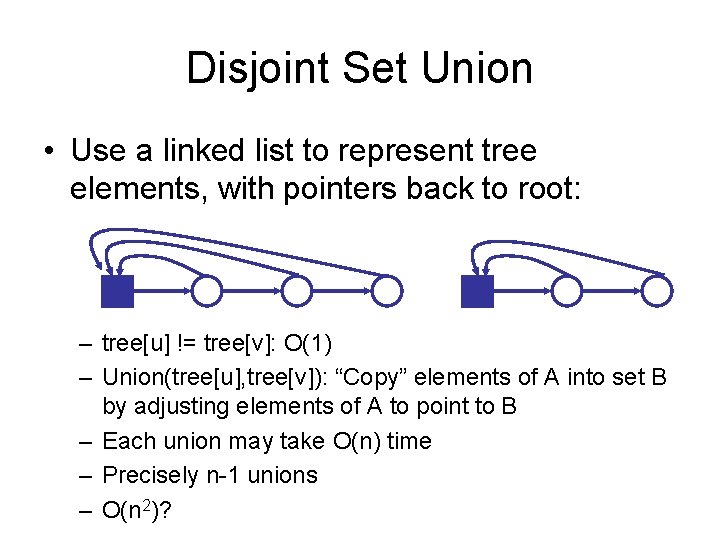 Disjoint Set Union • Use a linked list to represent tree elements, with pointers