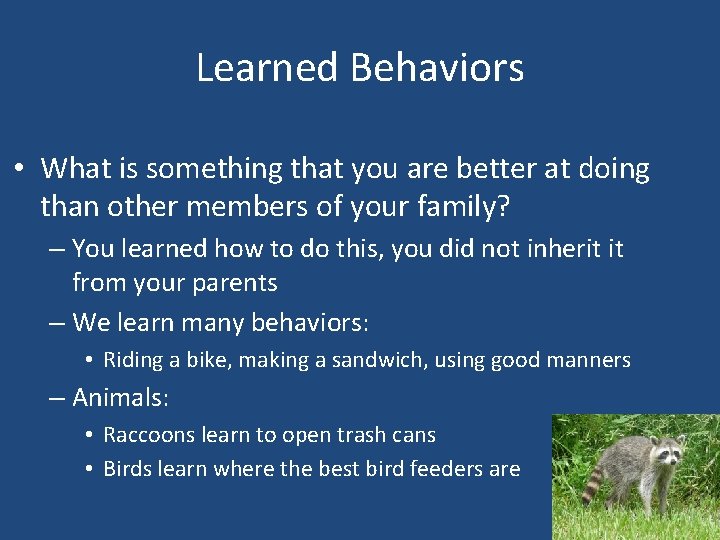 Learned Behaviors • What is something that you are better at doing than other