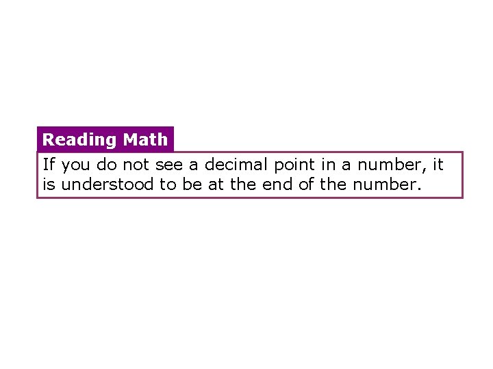 Reading Math If you do not see a decimal point in a number, it Reading Math If you do not see a decimal point in a number, it
