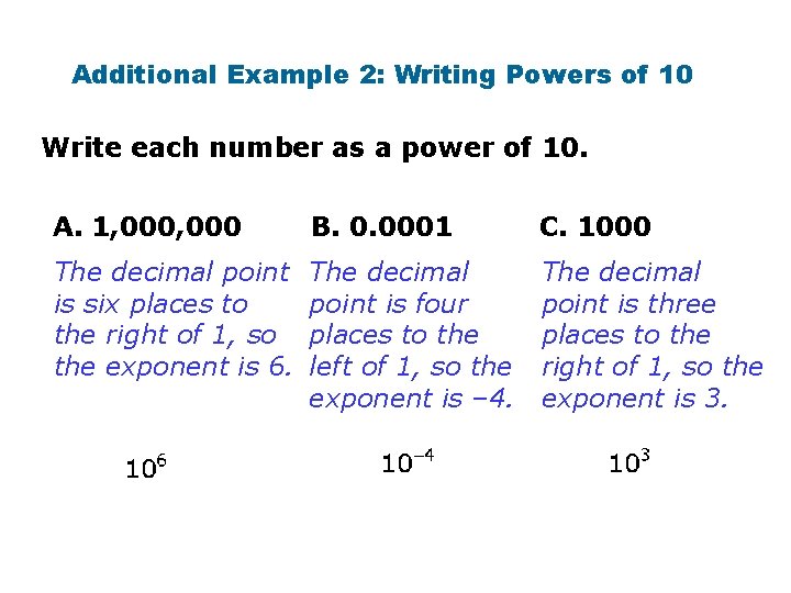 Additional Example 2: Writing Powers of 10 Write each number as a power of Additional Example 2: Writing Powers of 10 Write each number as a power of
