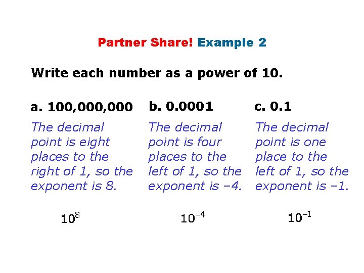 Partner Share! Example 2 Write each number as a power of 10. a. 100, Partner Share! Example 2 Write each number as a power of 10. a. 100,