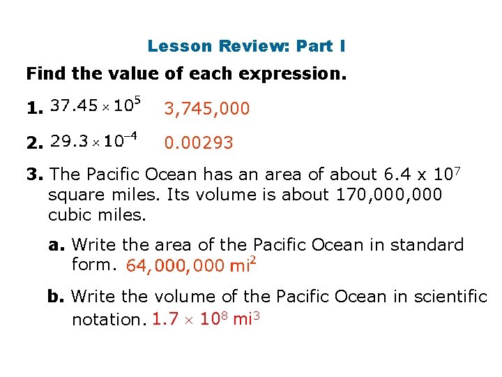 Lesson Review: Part I Find the value of each expression. 1. 3, 745, 000 Lesson Review: Part I Find the value of each expression. 1. 3, 745, 000