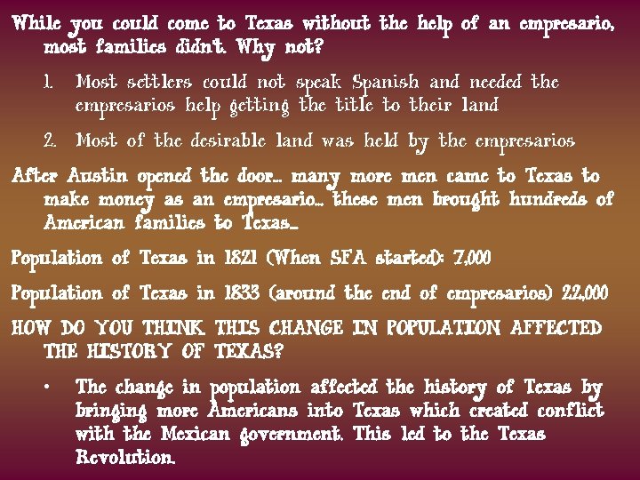 While you could come to Texas without the help of an empresario, most families