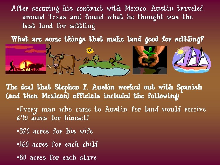 After securing his contract with Mexico, Austin traveled around Texas and found what he