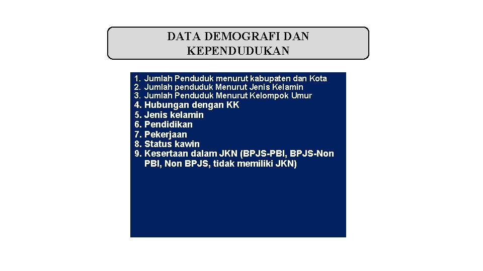 DATA DEMOGRAFI DAN KEPENDUDUKAN 1. Jumlah Penduduk menurut kabupaten dan Kota 2. Jumlah penduduk DATA DEMOGRAFI DAN KEPENDUDUKAN 1. Jumlah Penduduk menurut kabupaten dan Kota 2. Jumlah penduduk