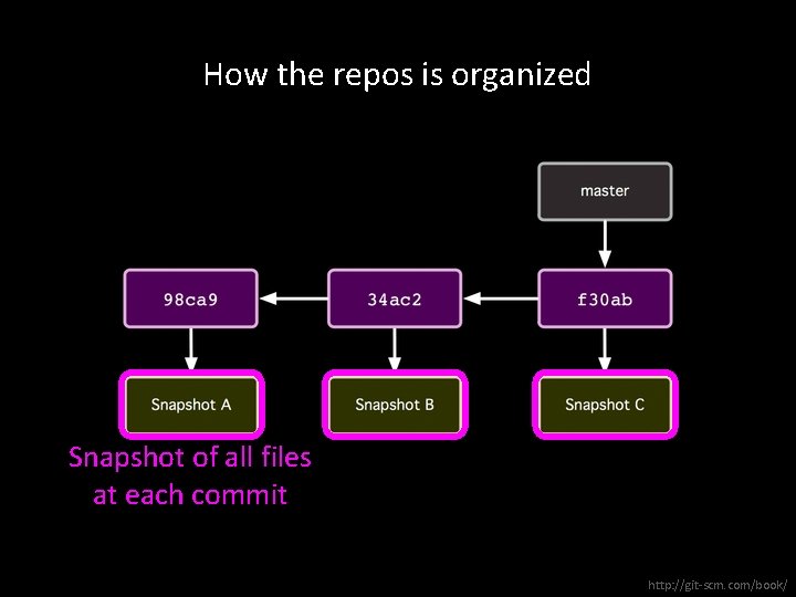 How the repos is organized Snapshot of all files at each commit http: //git-scm.