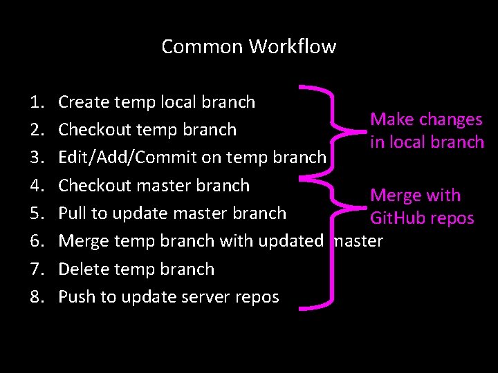 Common Workflow 1. 2. 3. 4. 5. 6. 7. 8. Create temp local branch