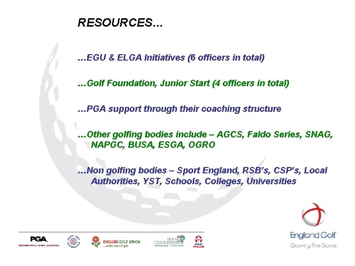 RESOURCES… …EGU & ELGA Initiatives (6 officers in total) …Golf Foundation, Junior Start (4 RESOURCES… …EGU & ELGA Initiatives (6 officers in total) …Golf Foundation, Junior Start (4