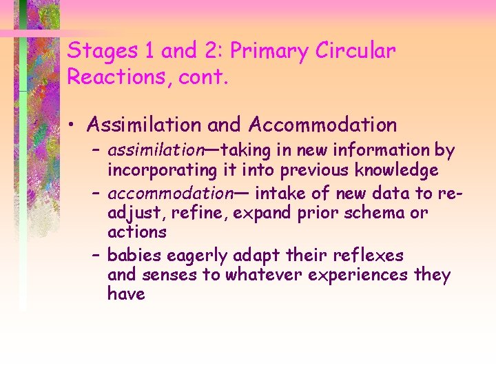 Stages 1 and 2: Primary Circular Reactions, cont. • Assimilation and Accommodation – assimilation—taking