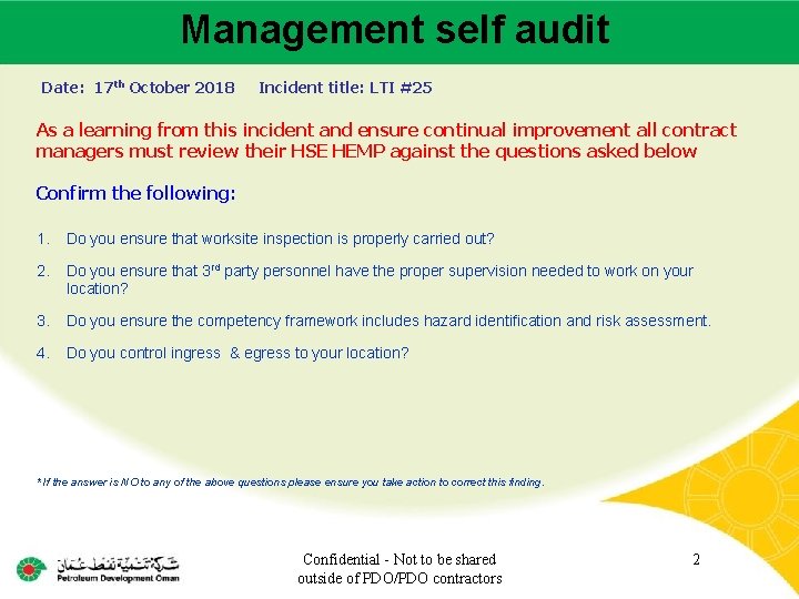 Management self audit Main contractor name – LTI# - Date of incident Date: 17