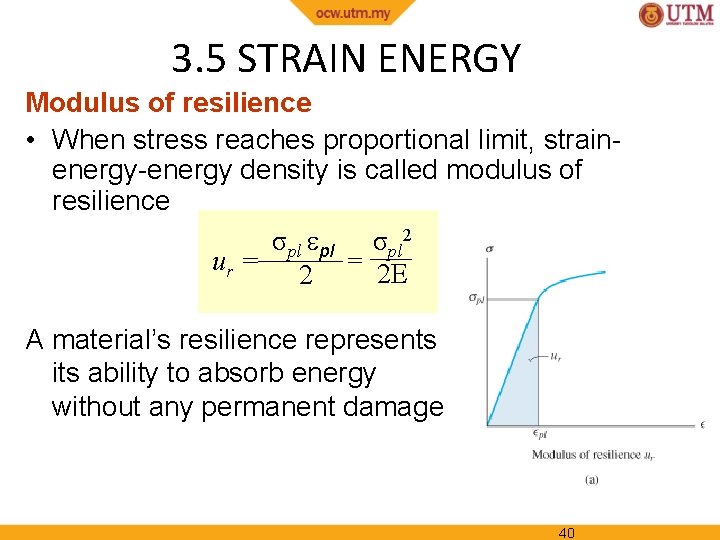 3. 5 STRAIN ENERGY Modulus of resilience • When stress reaches proportional limit, strainenergy-energy