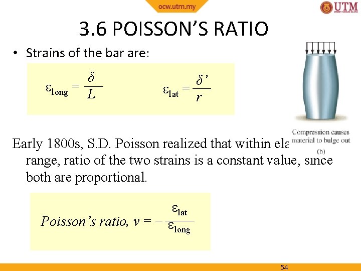 3. 6 POISSON’S RATIO • Strains of the bar are: δ long = L