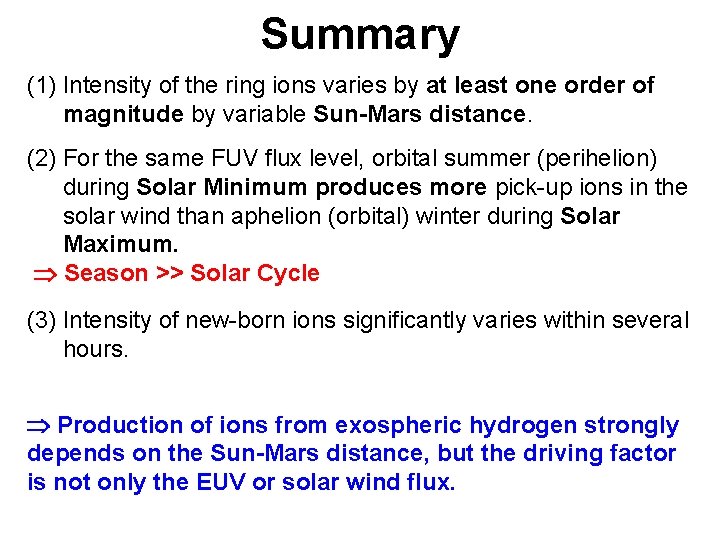 Summary (1) Intensity of the ring ions varies by at least one order of
