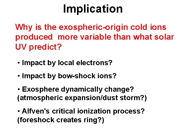 Implication Why is the exospheric-origin cold ions produced more variable than what solar UV
