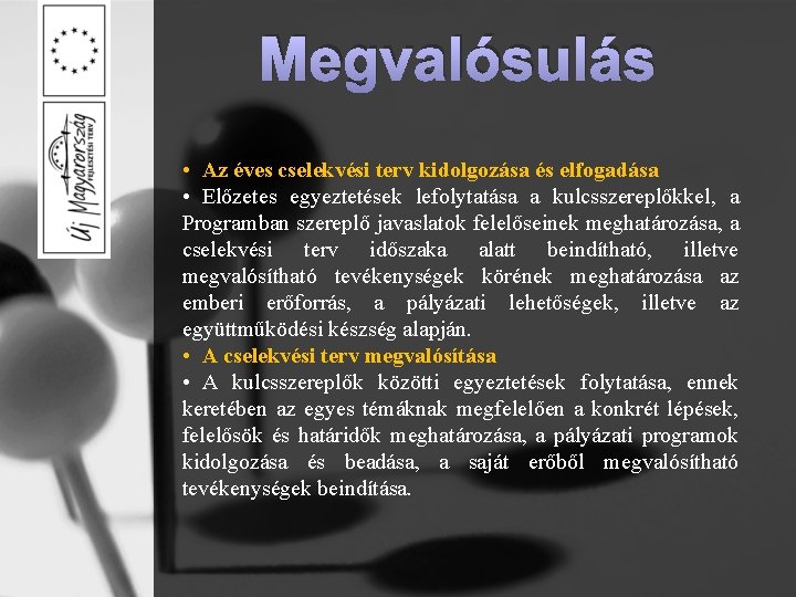 Megvalósulás • Az éves cselekvési terv kidolgozása és elfogadása • Előzetes egyeztetések lefolytatása a