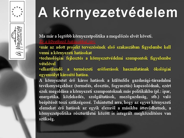 A környezetvédelem Ma már a legtöbb környezetpolitika a megelőzés elvét követi. Ez a következő