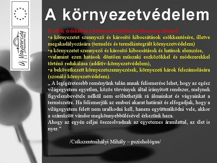 A környezetvédelem E célok érdekében a környezetvédelmi tevékenység kiterjed: • a környezetet szennyező és