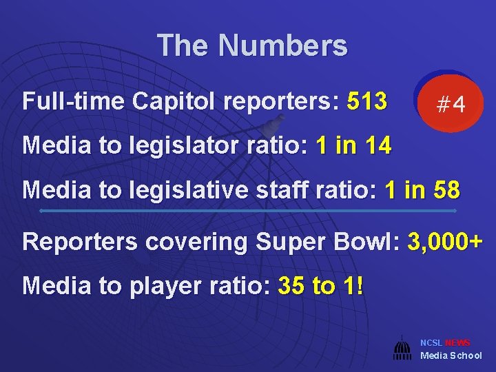 The Numbers Full-time Capitol reporters: 513 #4 Media to legislator ratio: 1 in 14