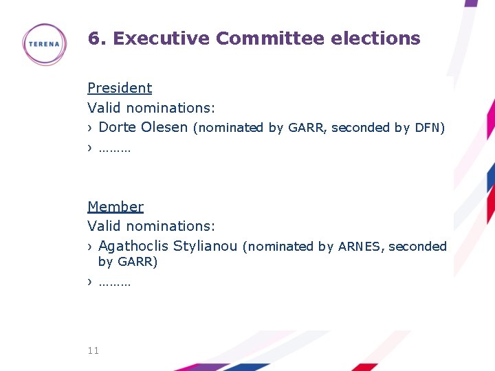 6. Executive Committee elections President Valid nominations: › Dorte Olesen (nominated by GARR, seconded