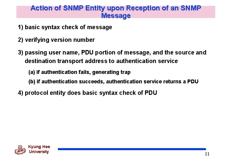 Action of SNMP Entity upon Reception of an SNMP Message 1) basic syntax check