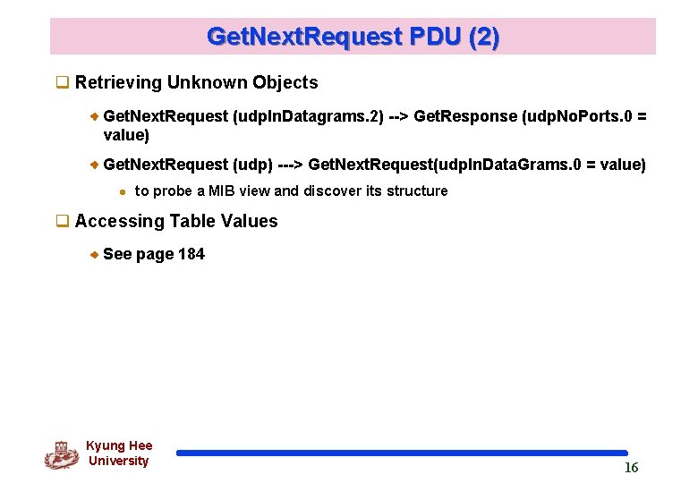 Get. Next. Request PDU (2) q Retrieving Unknown Objects Get. Next. Request (udp. In.