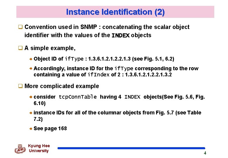 Instance Identification (2) q Convention used in SNMP : concatenating the scalar object identifier