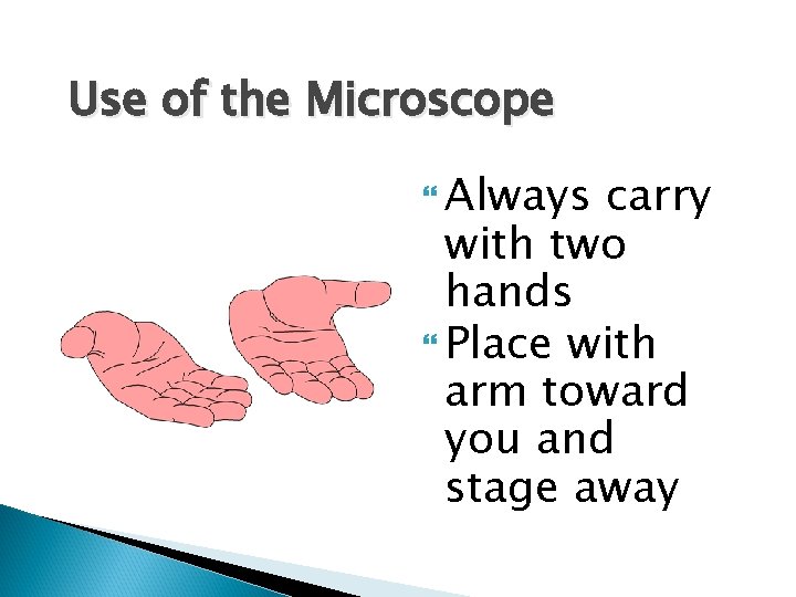 Use of the Microscope Always carry with two hands Place with arm toward you