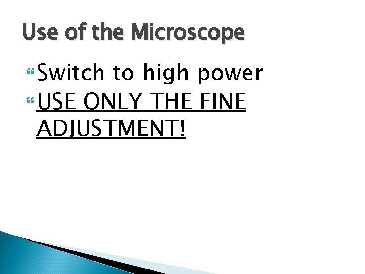 Use of the Microscope Switch to high power USE ONLY THE FINE ADJUSTMENT! 