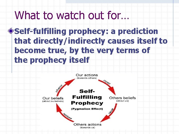 What to watch out for… Self-fulfilling prophecy: a prediction that directly/indirectly causes itself to