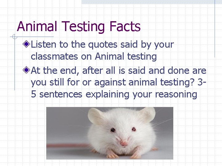 Animal Testing Facts Listen to the quotes said by your classmates on Animal testing