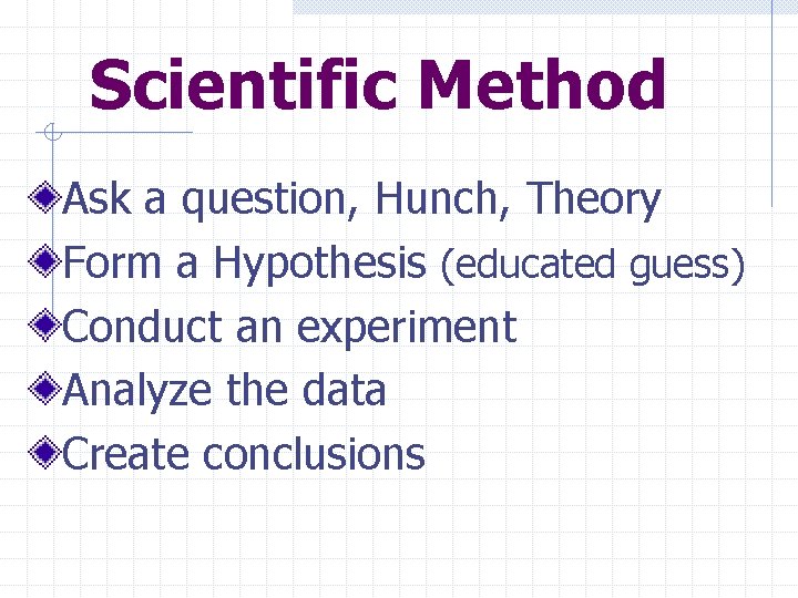 Scientific Method Ask a question, Hunch, Theory Form a Hypothesis (educated guess) Conduct an