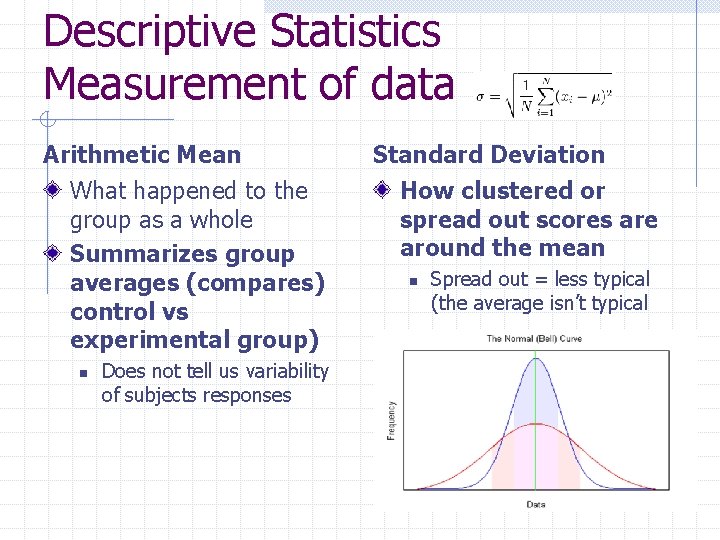 Descriptive Statistics Measurement of data Arithmetic Mean What happened to the group as a
