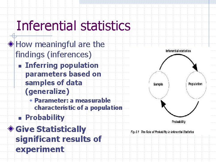 Inferential statistics How meaningful are the findings (inferences) n Inferring population parameters based on